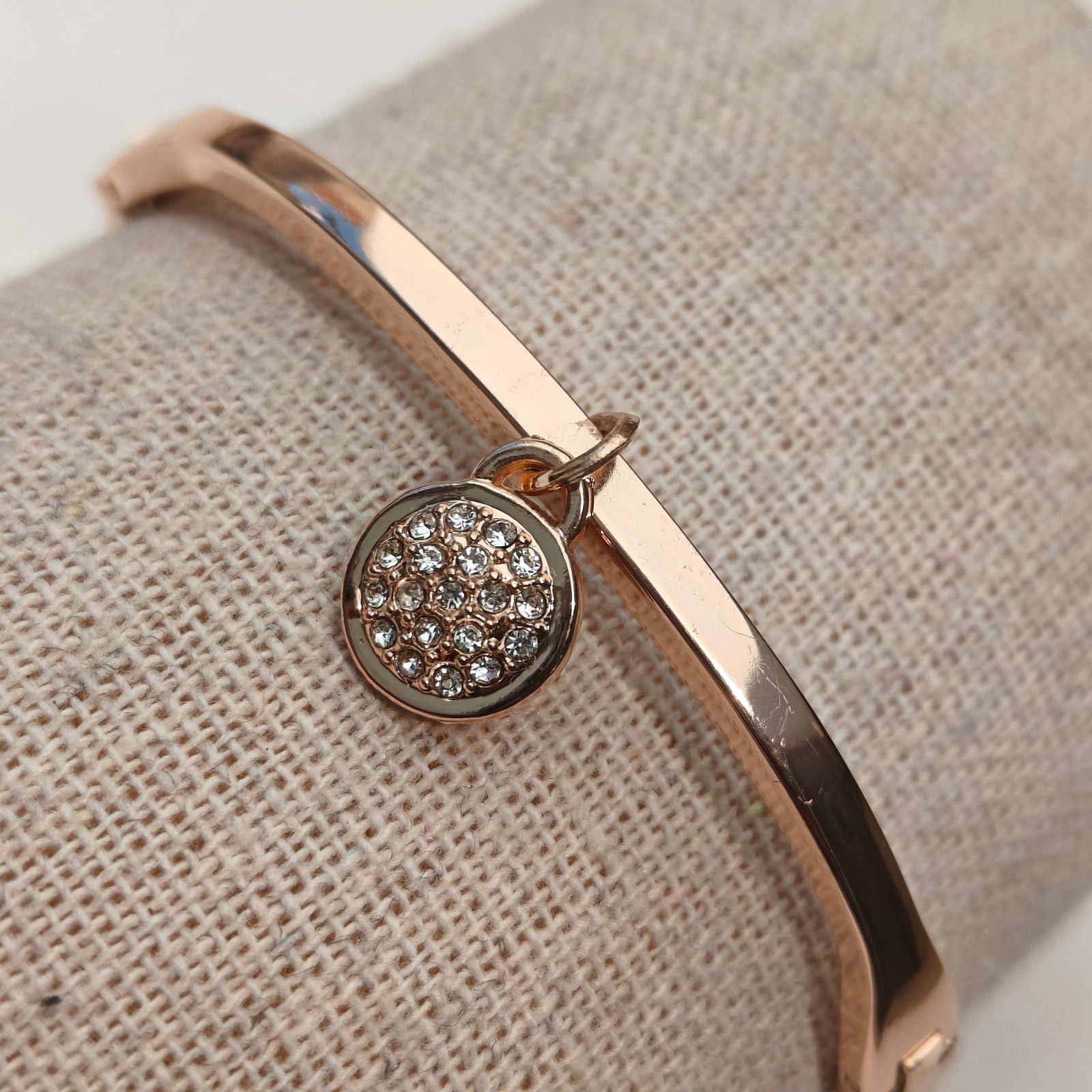 Rose Gold Tone Pav Crystal Dangle Charm Bangle Bracelet Cuff Adjustable Clasp